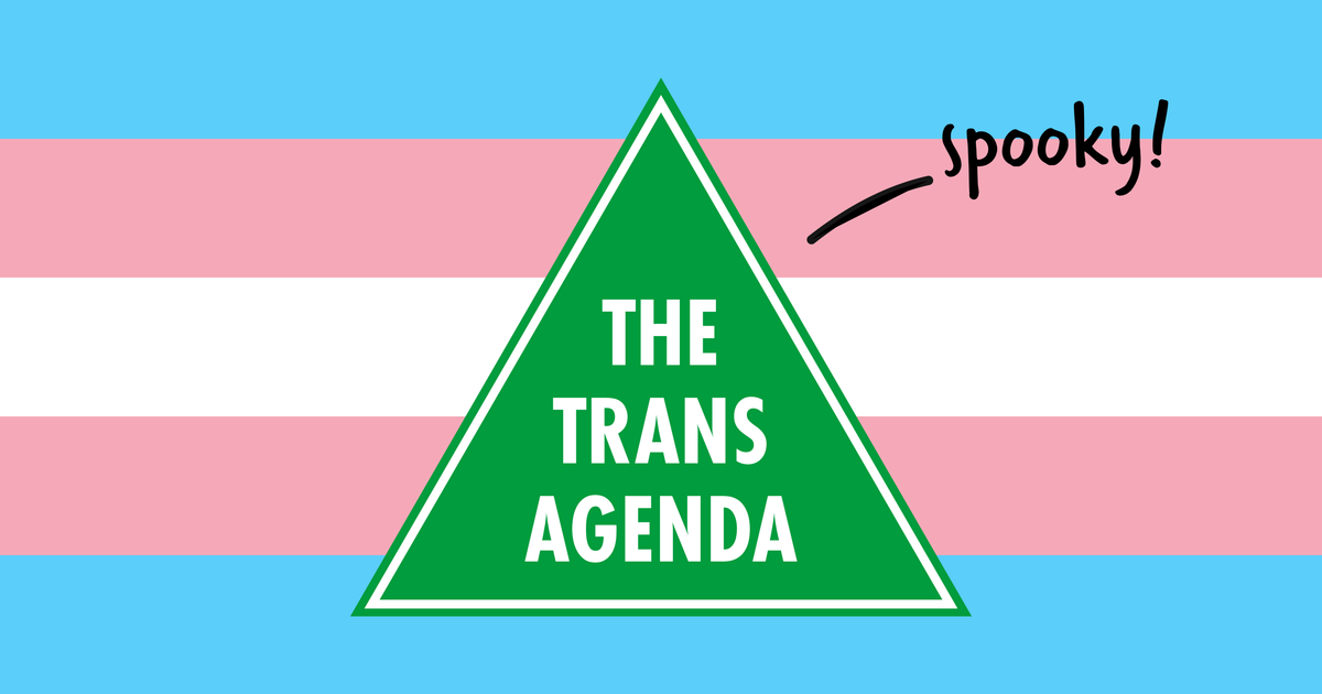 The Greens triangle with the text replaced to "the trans agenda" over a trans flag.