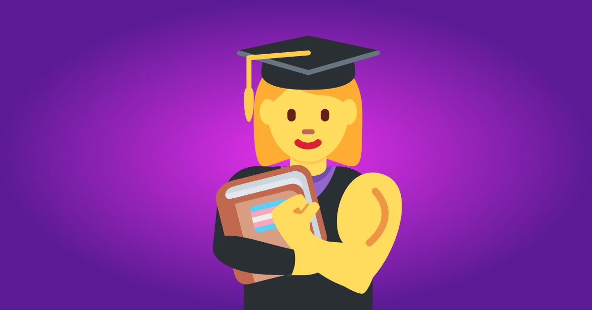 An emoji woman in graduation garb holding a book with a trans flag on it, while flexing the bicep of an exposed arm